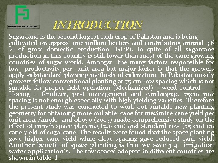 INTRODUCTION Sugarcane is the second largest cash crop of Pakistan and is being cultivated INTRODUCTION Sugarcane is the second largest cash crop of Pakistan and is being cultivated