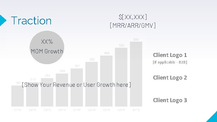 Traction $[XX, XXX] [MRR/ARR/GMV] XX% MOM Growth Client Logo 1 [If applicable - B