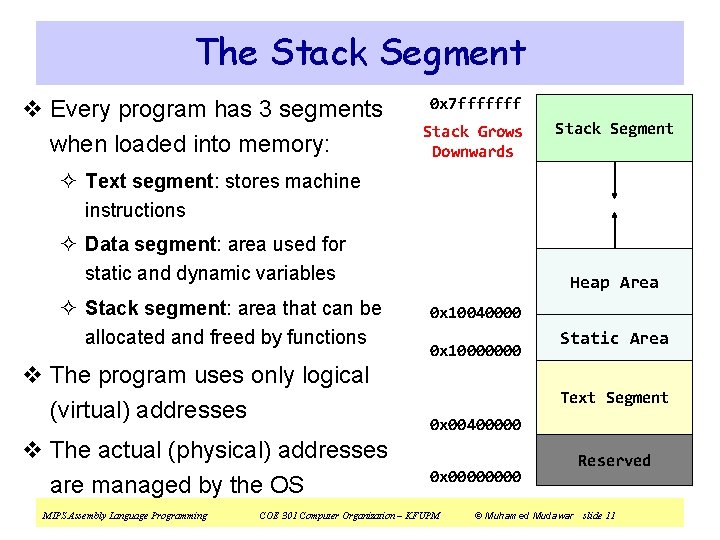 The Stack Segment v Every program has 3 segments when loaded into memory: 0