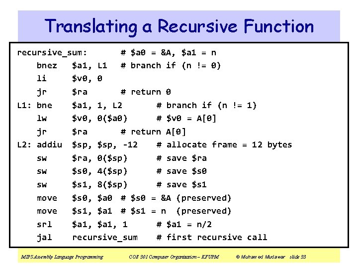 Translating a Recursive Function recursive_sum: # $a 0 = &A, $a 1 = n