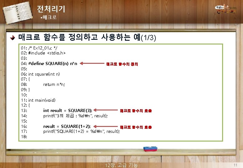 전처리기 §매크로 함수를 정의하고 사용하는 예(1/3) 01: 02: 03: 04: 05: 06: 07: 08: