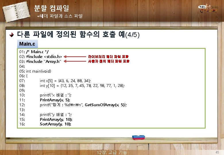 분할 컴파일 §헤더 파일과 소스 파일 다른 파일에 정의된 함수의 호출 예(4/5) Main. c