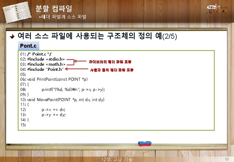 분할 컴파일 §헤더 파일과 소스 파일 여러 소스 파일에 사용되는 구조체의 정의 예(2/5) Pont.