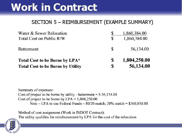 Work in Contract SECTION 5 – REIMBURSEMENT (EXAMPLE SUMMARY) 