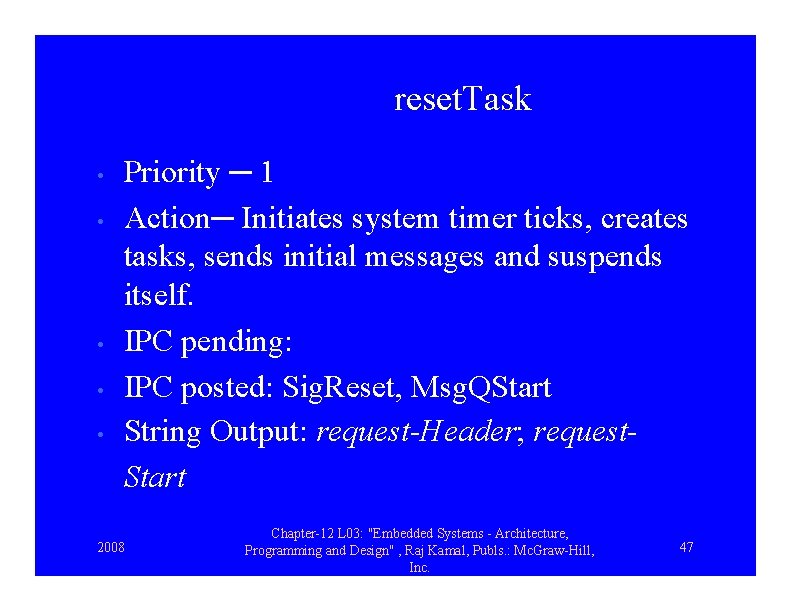 reset. Task • • • Priority ─ 1 Action─ Initiates system timer ticks, creates