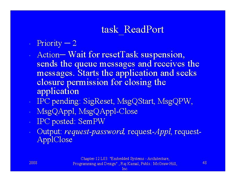 task_Read. Port • • • Priority ─ 2 Action─ Wait for reset. Task suspension,