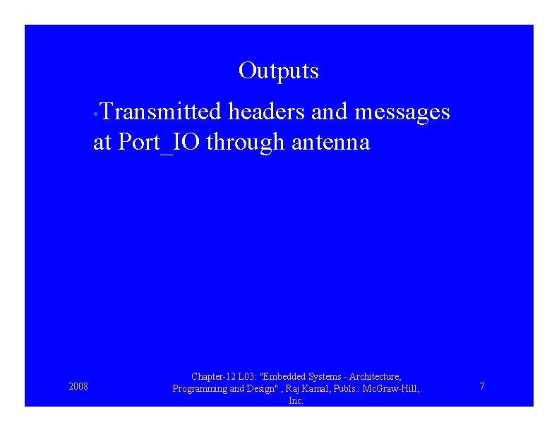 Outputs Transmitted headers and messages at Port_IO through antenna • 2008 Chapter-12 L 03: