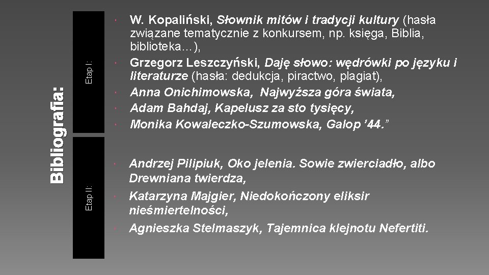 Bibliografia: Etap I: Etap II: W. Kopaliński, Słownik mitów i tradycji kultury (hasła związane