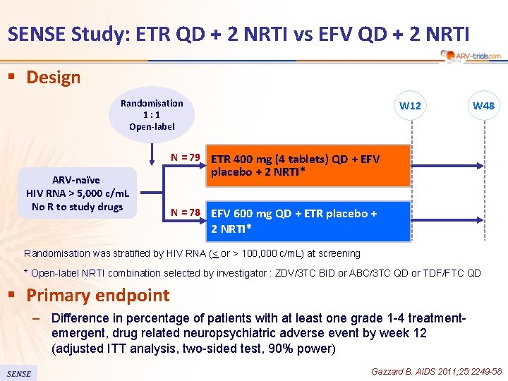 SENSE Study: ETR QD + 2 NRTI vs EFV QD + 2 NRTI §