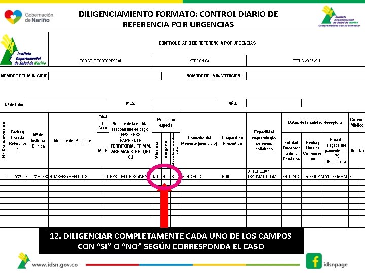 DILIGENCIAMIENTO FORMATO: CONTROL DIARIO DE REFERENCIA POR URGENCIAS 12. DILIGENCIAR COMPLETAMENTE CADA UNO DE