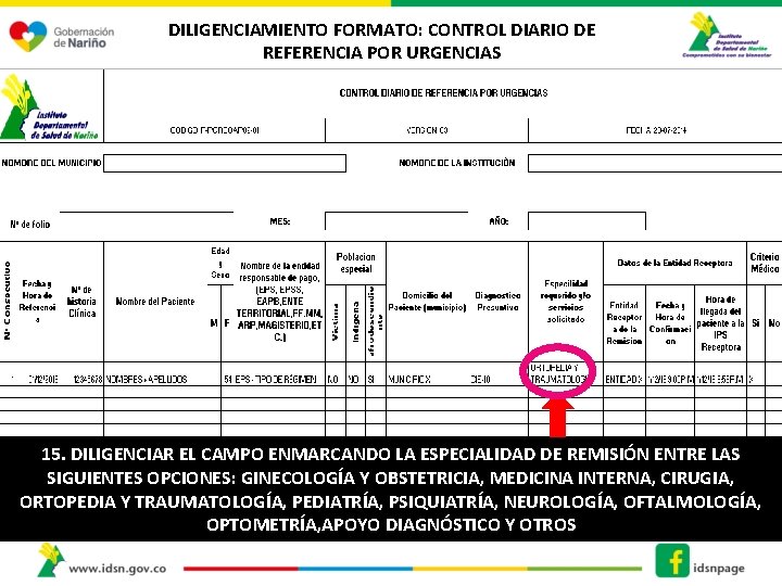 DILIGENCIAMIENTO FORMATO: CONTROL DIARIO DE REFERENCIA POR URGENCIAS 15. DILIGENCIAR EL CAMPO ENMARCANDO LA