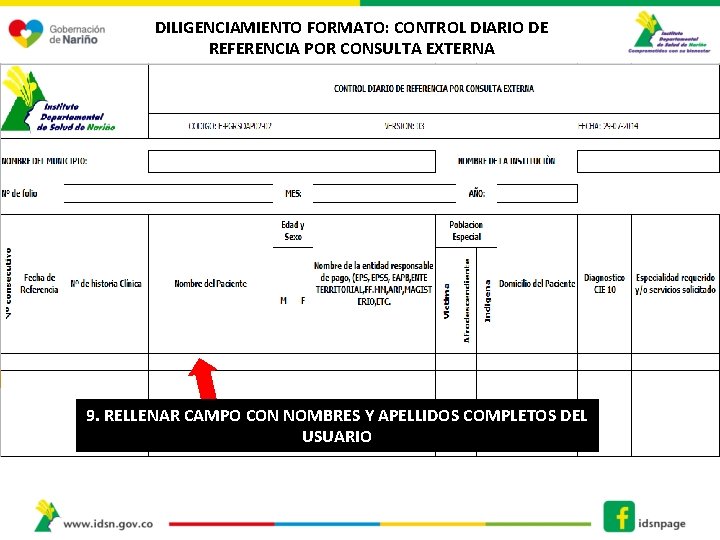 DILIGENCIAMIENTO FORMATO: CONTROL DIARIO DE REFERENCIA POR CONSULTA EXTERNA 9. RELLENAR CAMPO CON NOMBRES