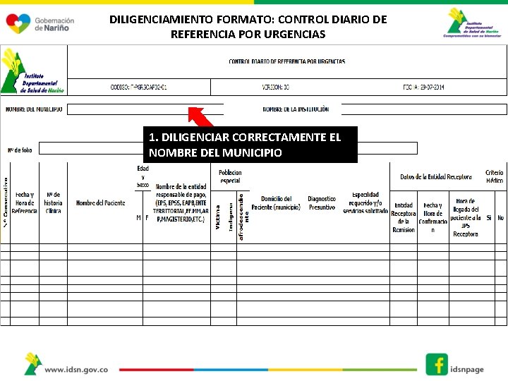 DILIGENCIAMIENTO FORMATO: CONTROL DIARIO DE REFERENCIA POR URGENCIAS 1. DILIGENCIAR CORRECTAMENTE EL NOMBRE DEL