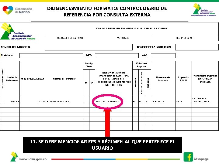 DILIGENCIAMIENTO FORMATO: CONTROL DIARIO DE REFERENCIA POR CONSULTA EXTERNA 11. SE DEBE MENCIONAR EPS