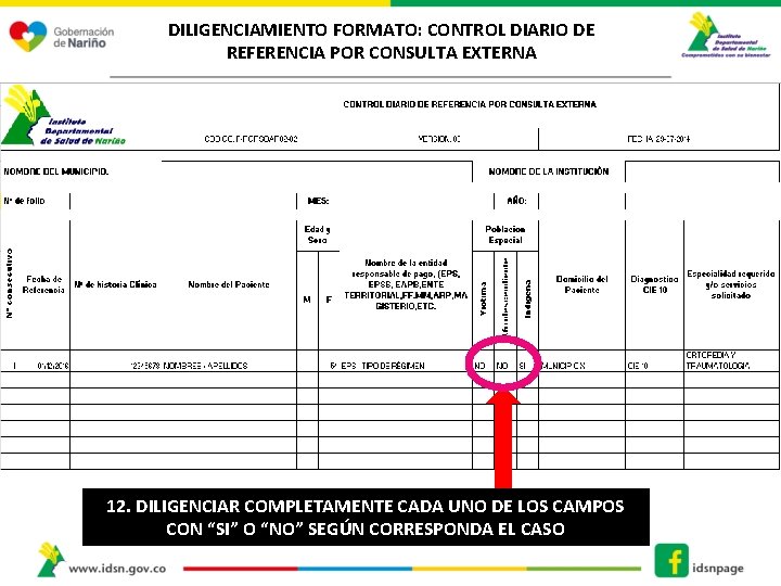 DILIGENCIAMIENTO FORMATO: CONTROL DIARIO DE REFERENCIA POR CONSULTA EXTERNA 12. DILIGENCIAR COMPLETAMENTE CADA UNO