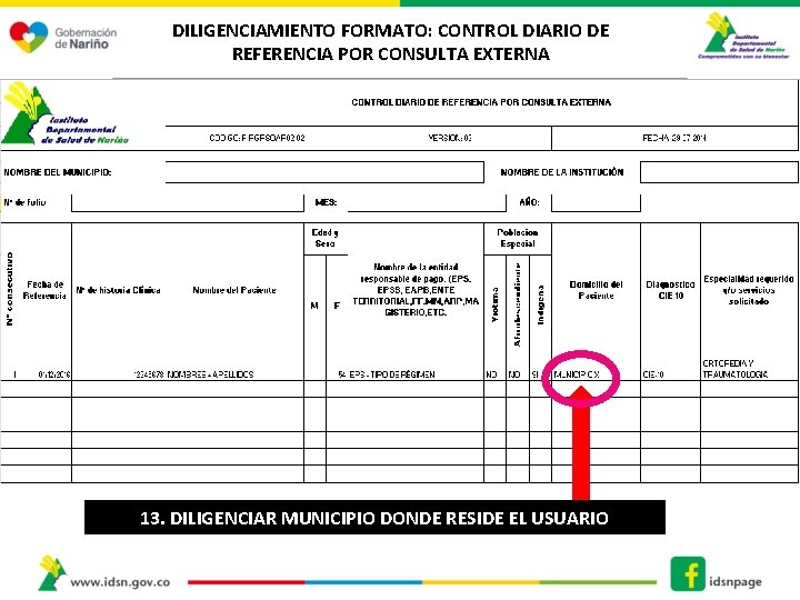 DILIGENCIAMIENTO FORMATO: CONTROL DIARIO DE REFERENCIA POR CONSULTA EXTERNA 13. DILIGENCIAR MUNICIPIO DONDE RESIDE