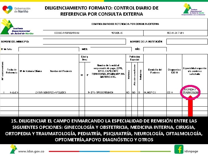 DILIGENCIAMIENTO FORMATO: CONTROL DIARIO DE REFERENCIA POR CONSULTA EXTERNA 15. DILIGENCIAR EL CAMPO ENMARCANDO
