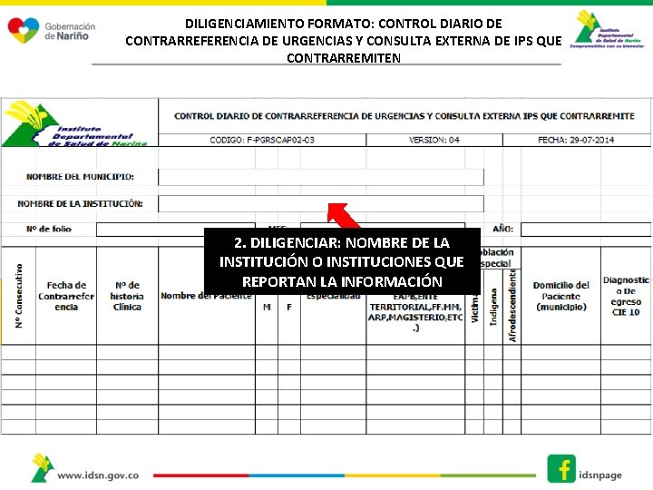 DILIGENCIAMIENTO FORMATO: CONTROL DIARIO DE CONTRARREFERENCIA DE URGENCIAS Y CONSULTA EXTERNA DE IPS QUE