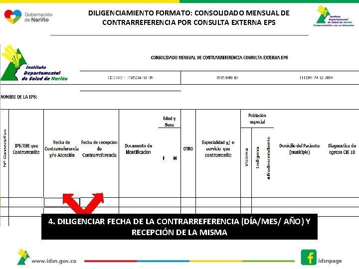 DILIGENCIAMIENTO FORMATO: CONSOLIDADO MENSUAL DE CONTRARREFERENCIA POR CONSULTA EXTERNA EPS 4. DILIGENCIAR FECHA DE