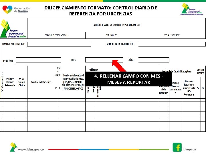 DILIGENCIAMIENTO FORMATO: CONTROL DIARIO DE REFERENCIA POR URGENCIAS 4. RELLENAR CAMPO CON MESES A