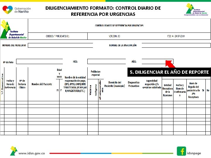 DILIGENCIAMIENTO FORMATO: CONTROL DIARIO DE REFERENCIA POR URGENCIAS 5. DILIGENCIAR EL AÑO DE REPORTE