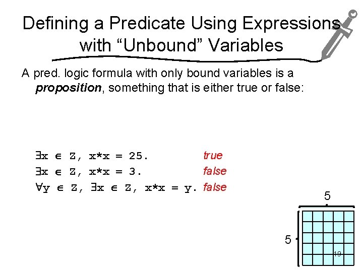 Defining a Predicate Using Expressions with “Unbound” Variables A pred. logic formula with only