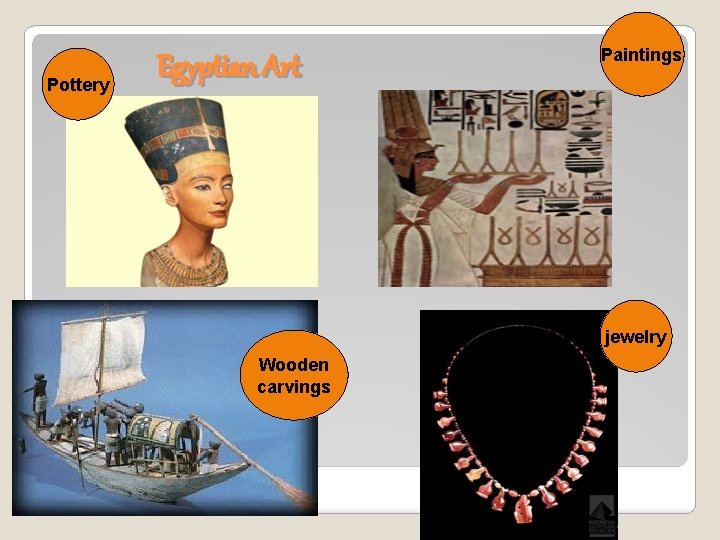 Pottery Egyptian Art Paintings jewelry Wooden carvings 