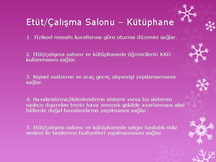 Etüt/Çalışma Salonu – Kütüphane 1. Fiziksel mesafe kurallarına göre oturma düzenini sağlar. 2. Etüt/çalışma