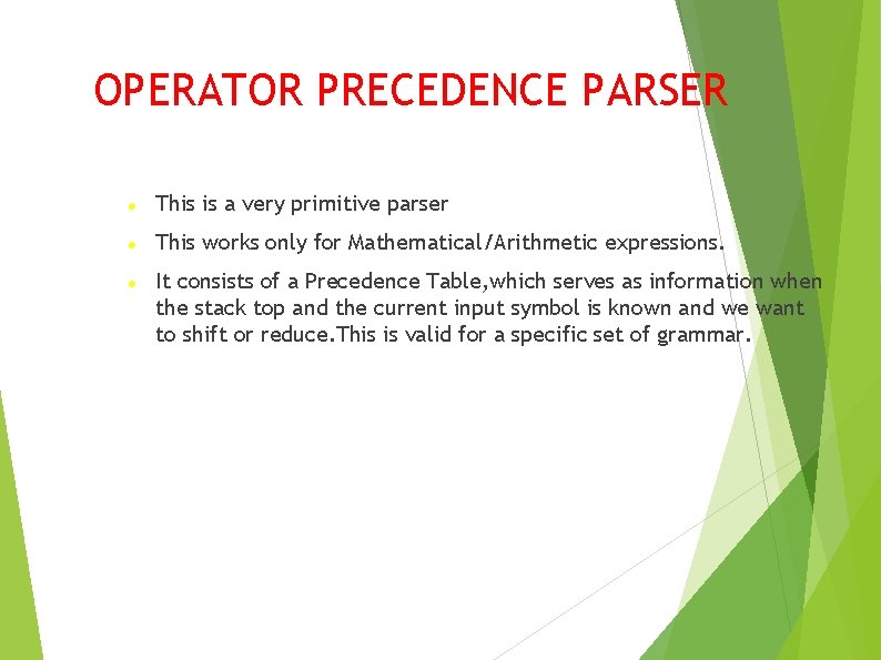 OPERATOR PRECEDENCE PARSER This is a very primitive parser This works only for Mathematical/Arithmetic