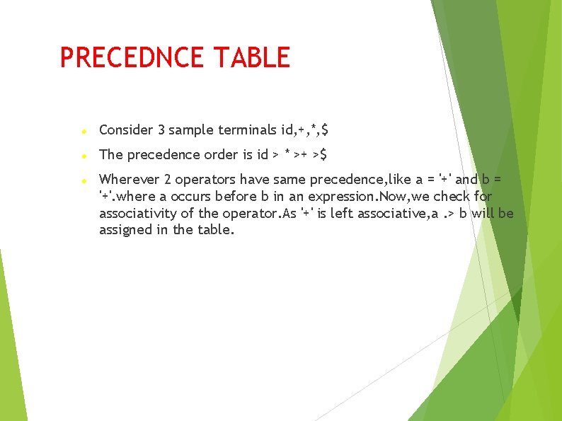 PRECEDNCE TABLE Consider 3 sample terminals id, +, *, $ The precedence order is