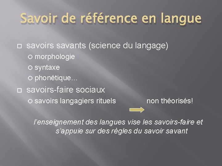 Savoir de référence en langue savoirs savants (science du langage) morphologie syntaxe phonétique… savoirs-faire