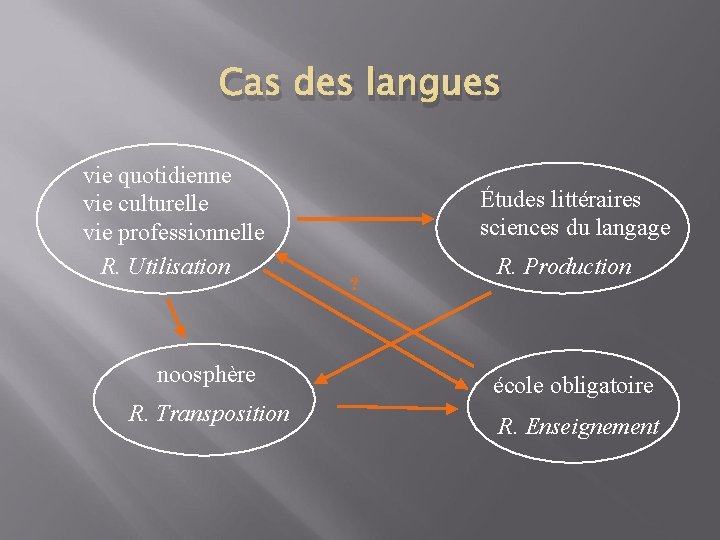 Cas des langues vie quotidienne vie culturelle vie professionnelle R. Utilisation noosphère R. Transposition