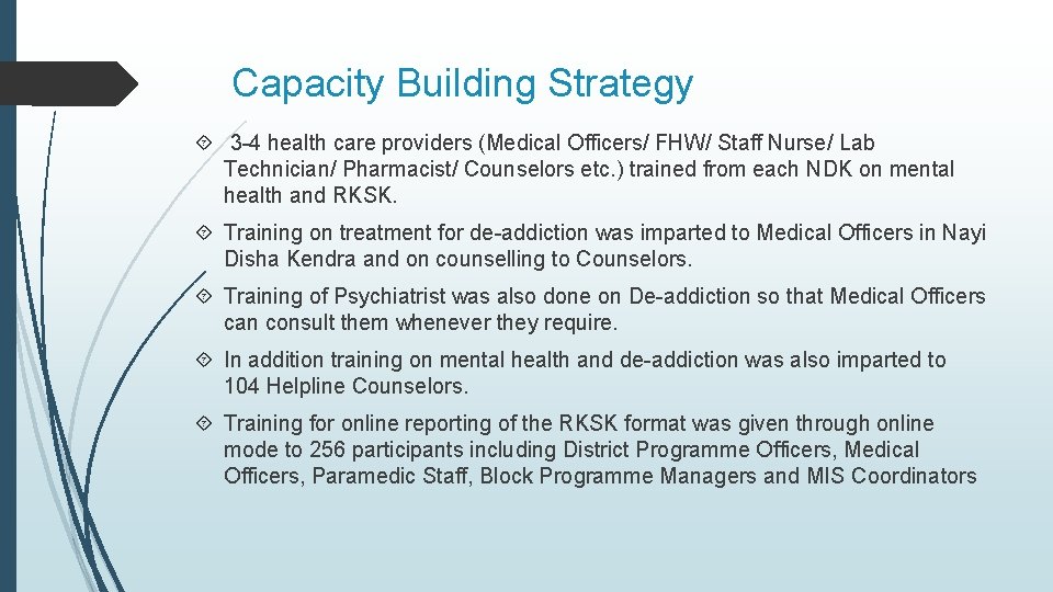 Capacity Building Strategy 3 -4 health care providers (Medical Officers/ FHW/ Staff Nurse/ Lab