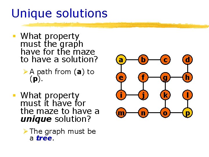 Unique solutions § What property must the graph have for the maze to have Unique solutions § What property must the graph have for the maze to have