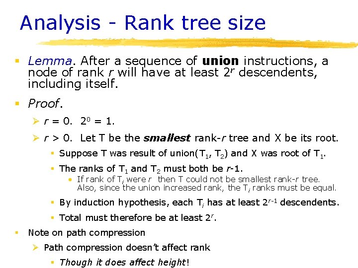 Analysis - Rank tree size § Lemma. After a sequence of union instructions, a Analysis - Rank tree size § Lemma. After a sequence of union instructions, a