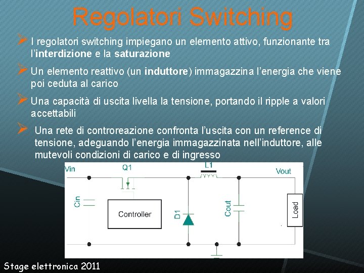 Regolatori Switching I regolatori switching impiegano un elemento attivo, funzionante tra l’interdizione e la