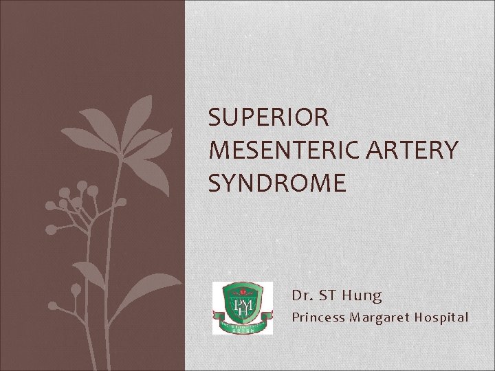 SUPERIOR MESENTERIC ARTERY SYNDROME Dr. ST Hung Princess Margaret Hospital 