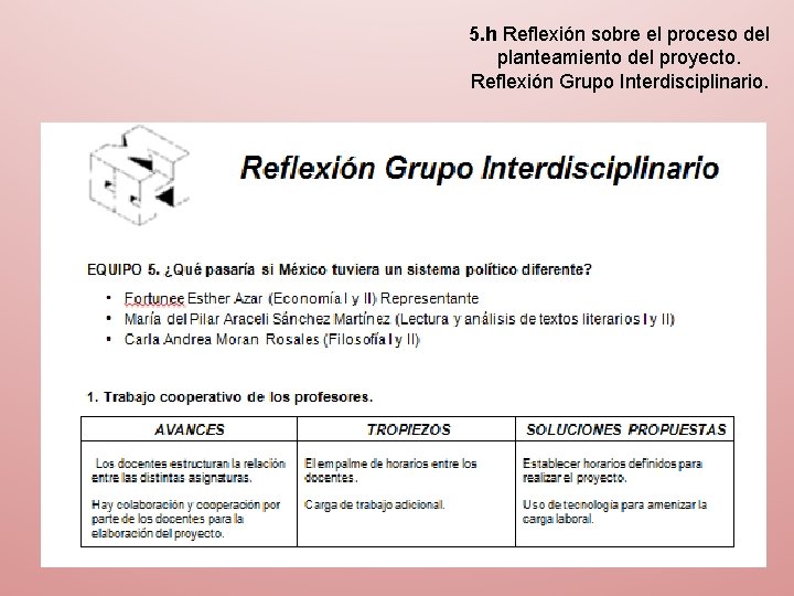 5. h Reflexión sobre el proceso del planteamiento del proyecto. Reflexión Grupo Interdisciplinario. 