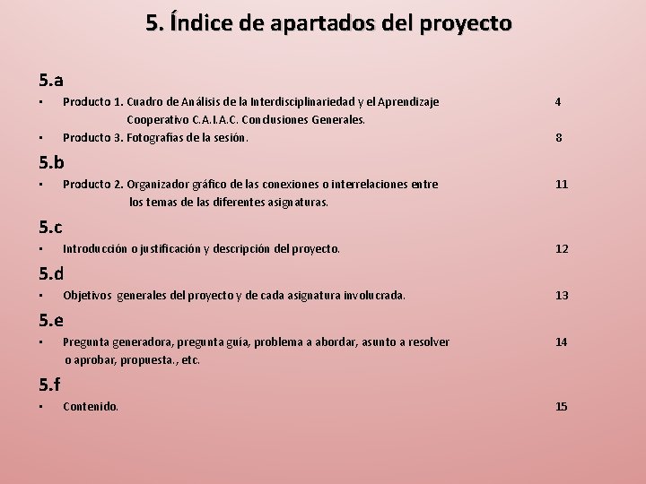 5. Índice de apartados del proyecto 5. a • • Producto 1. Cuadro de