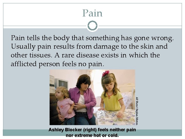 Pain tells the body that something has gone wrong. Usually pain results from damage