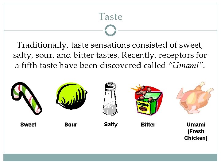 Taste Traditionally, taste sensations consisted of sweet, salty, sour, and bitter tastes. Recently, receptors