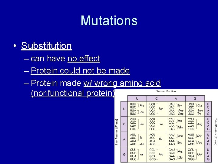 Mutations • Substitution – can have no effect – Protein could not be made