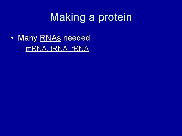 Making a protein • Many RNAs needed – m. RNA, t. RNA, r. RNA