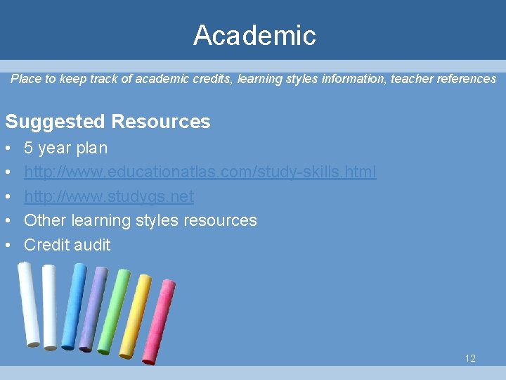 Academic Place to keep track of academic credits, learning styles information, teacher references Suggested