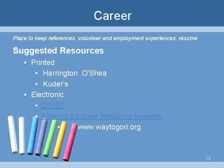Career Place to keep references, volunteer and employment experiences, résumé Suggested Resources • Printed