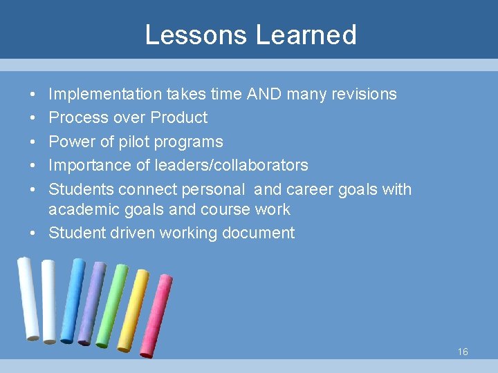 Lessons Learned • • • Implementation takes time AND many revisions Process over Product