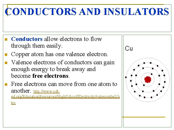 CONDUCTORS AND INSULATORS n n Conductors allow electrons to flow through them easily. Copper