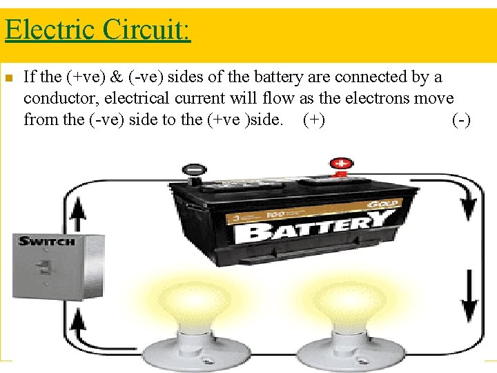 Electric Circuit: n If the (+ve) & (-ve) sides of the battery are connected