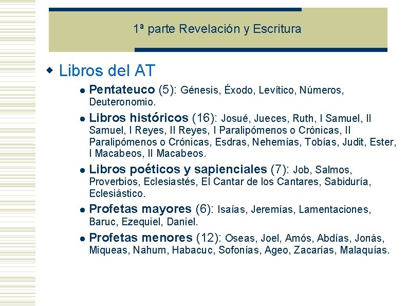 1ª parte Revelación y Escritura Libros del AT Pentateuco (5): Génesis, Éxodo, Levítico, Números,