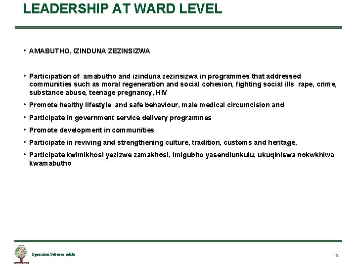 LEADERSHIP AT WARD LEVEL • AMABUTHO, IZINDUNA ZEZINSIZWA • Participation of amabutho and izinduna